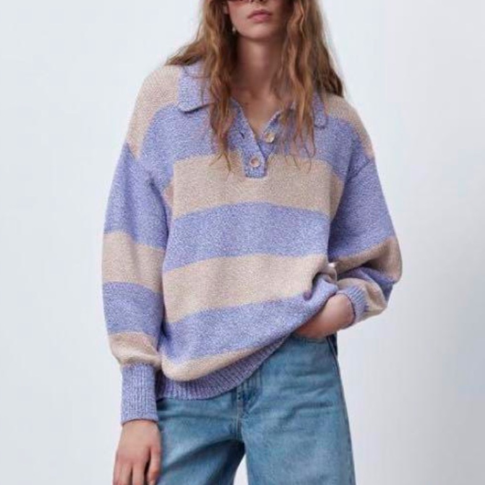 ZARA Knit Collared Sweater Jumper Women’s Small Oversized Cream/Blue Stripe